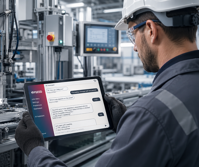 Operator using OPSEED on a tablet beside a production line